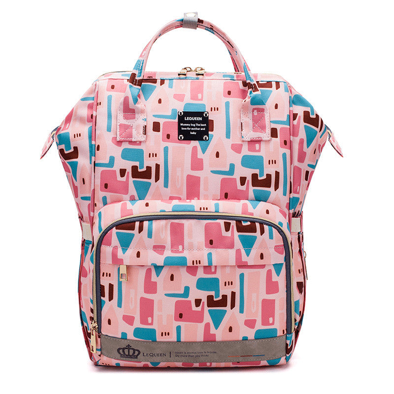 Sheila Merchandise parent-approved diaper backpack with pink abstract pattern and multiple compartments