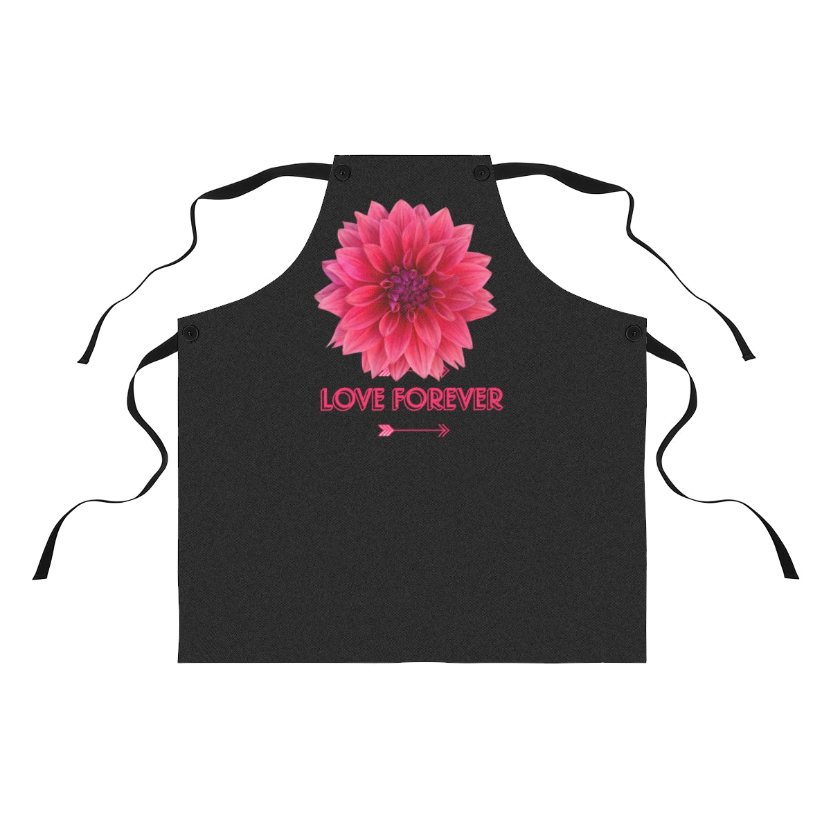 Black apron featuring 'LOVE FOREVER' text and pink flower design, perfect for gifting