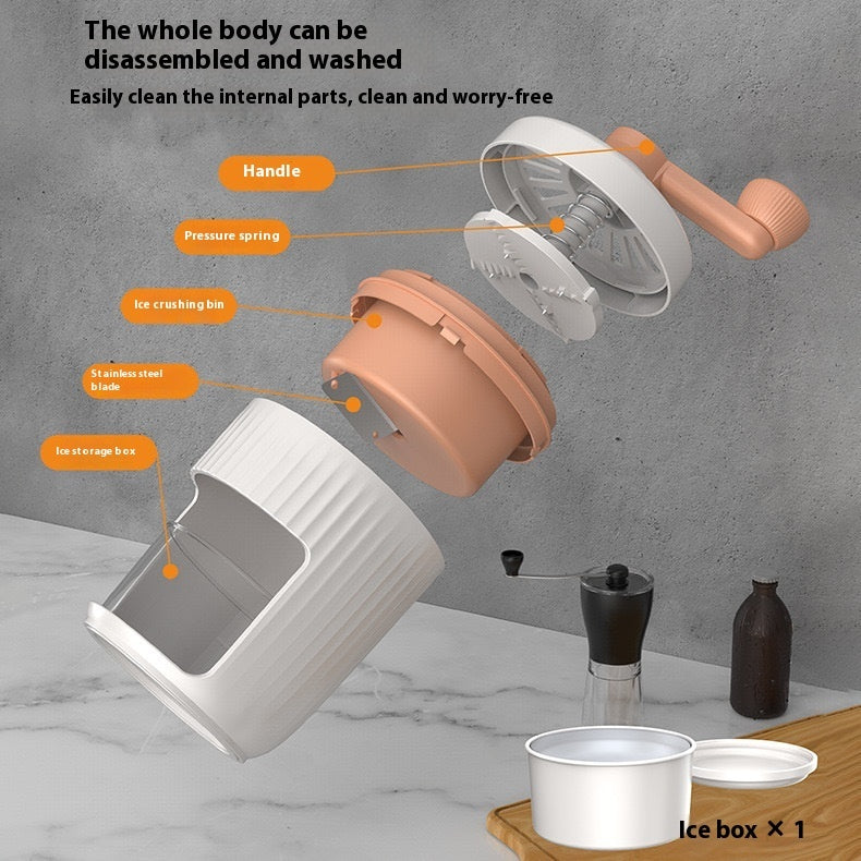 Disassembled mini slush machine for home showing handle, pressure spring, ice crushing bin, stainless steel blade, and ice storage box