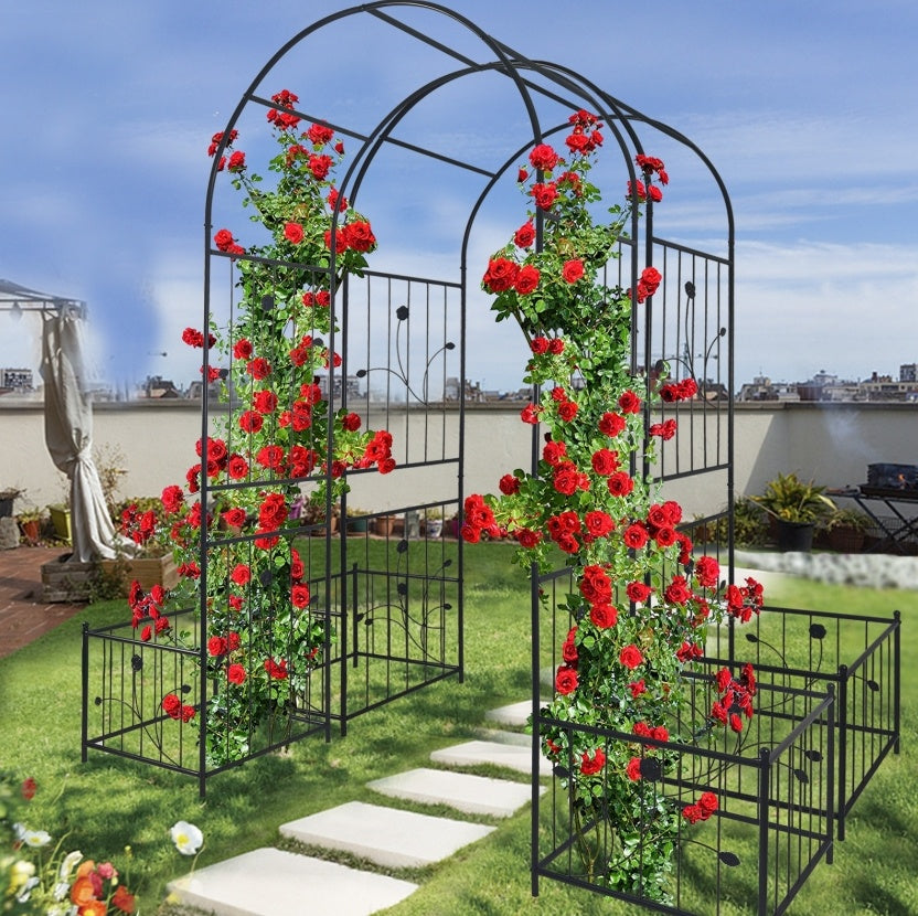 Elegant metal garden arch adorned with climbing roses for beautiful outdoor settings