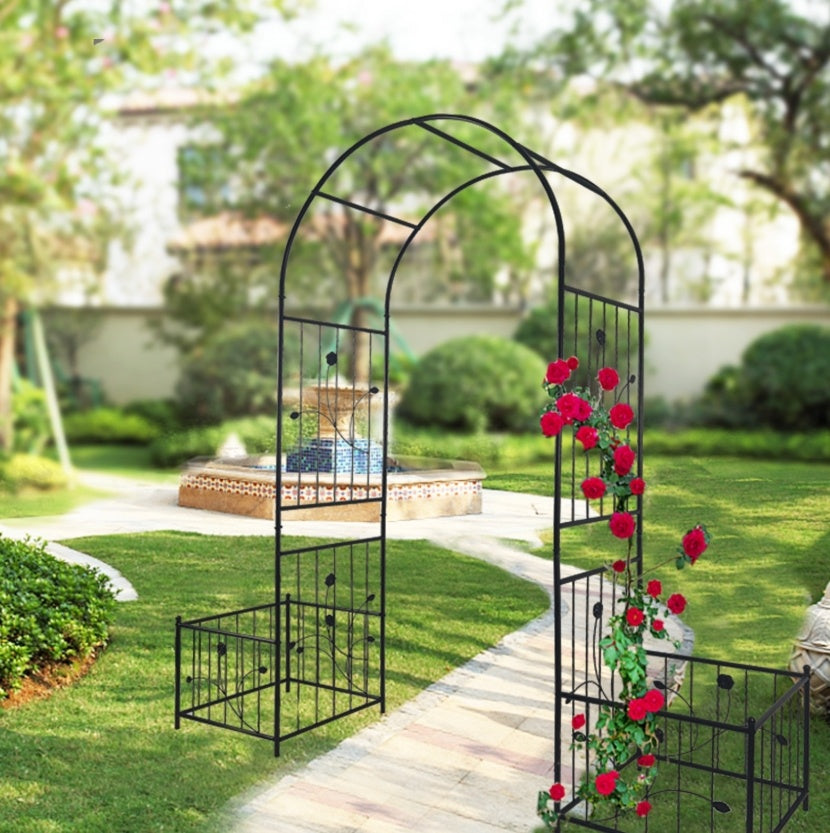 Stylish metal garden arch adorned with climbing roses, perfect for outdoor walkways and gardens
