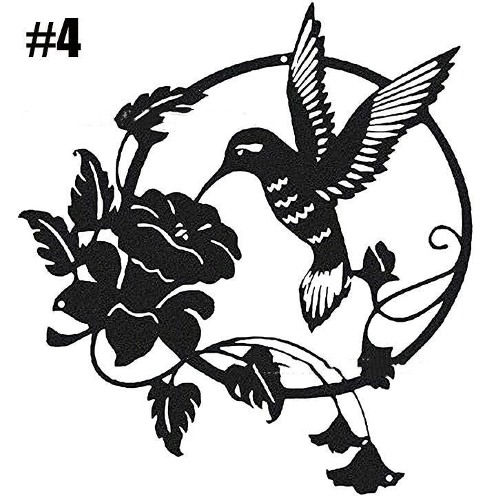 Black metal hummingbird wall art featuring detailed bird and flower design by Sheila Merchandise