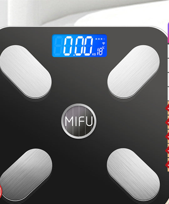 Black Bluetooth smart body fat scale with digital display and stainless steel sensors