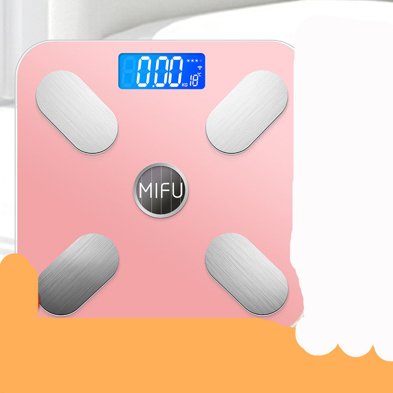 Pink Bluetooth smart body fat scale by Sheila Merchandise with digital display and metal sensors