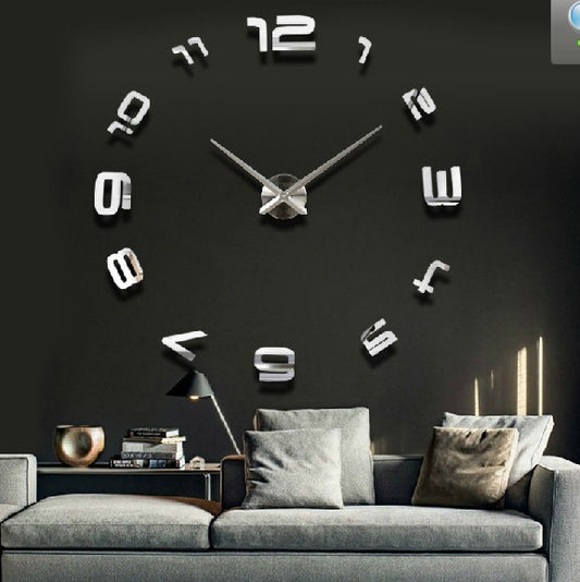 Sheila Merchandise luxury acrylic wall clock oversized modern design mounted on living room wall above grey sofa