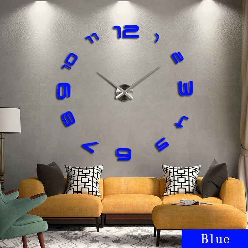 Luxury acrylic wall clock with oversized blue numbers mounted on living room wall above yellow sofa