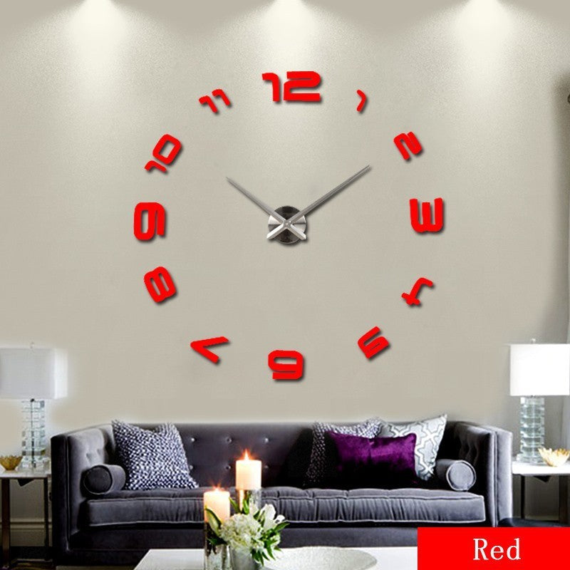 Luxury acrylic wall clock with oversized red numbers on a living room wall above a gray sofa