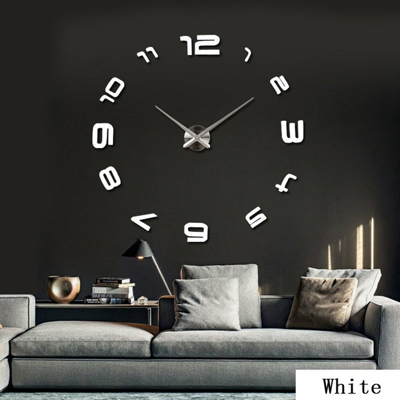 Oversized luxury acrylic wall clock with large white numbers on dark living room wall above gray sofa