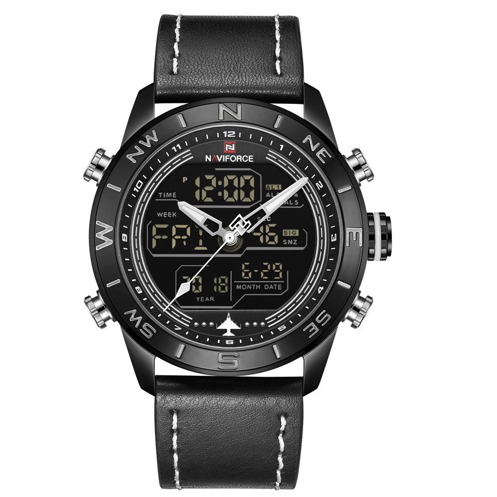 Stylish men's watch by Sheila Merchandise with black leather strap and digital analog display