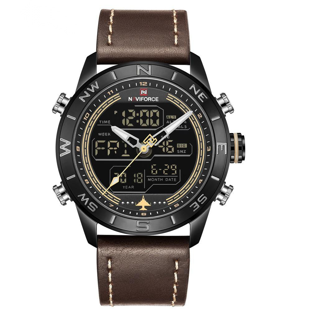 Stylish men's watch with black dial, digital and analog display, and brown leather strap