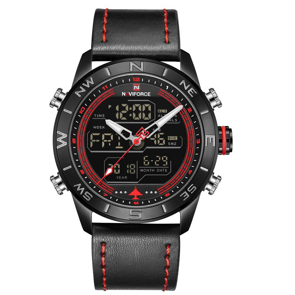Sheila Merchandise stylish men's watch with black leather strap and red stitching accents
