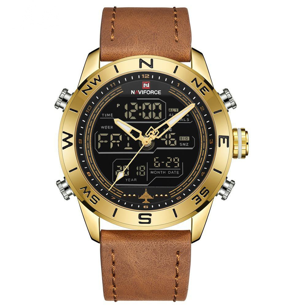 Stylish men's watch by Sheila Merchandise with gold case and brown leather strap featuring digital and analog display