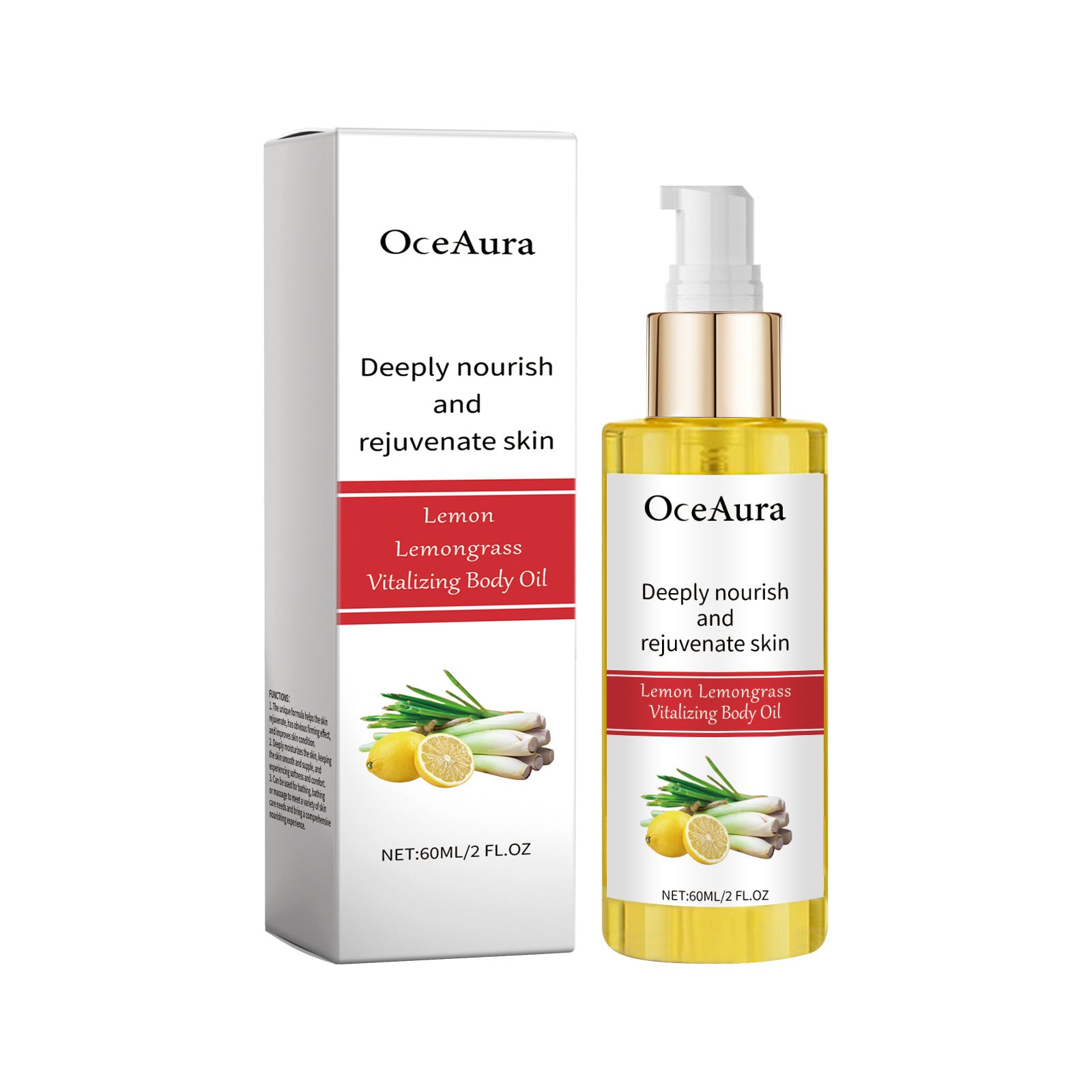 OceAura Lemon Lemongrass Vitalizing Body Oil bottle and box for deep moisture body oil for women
