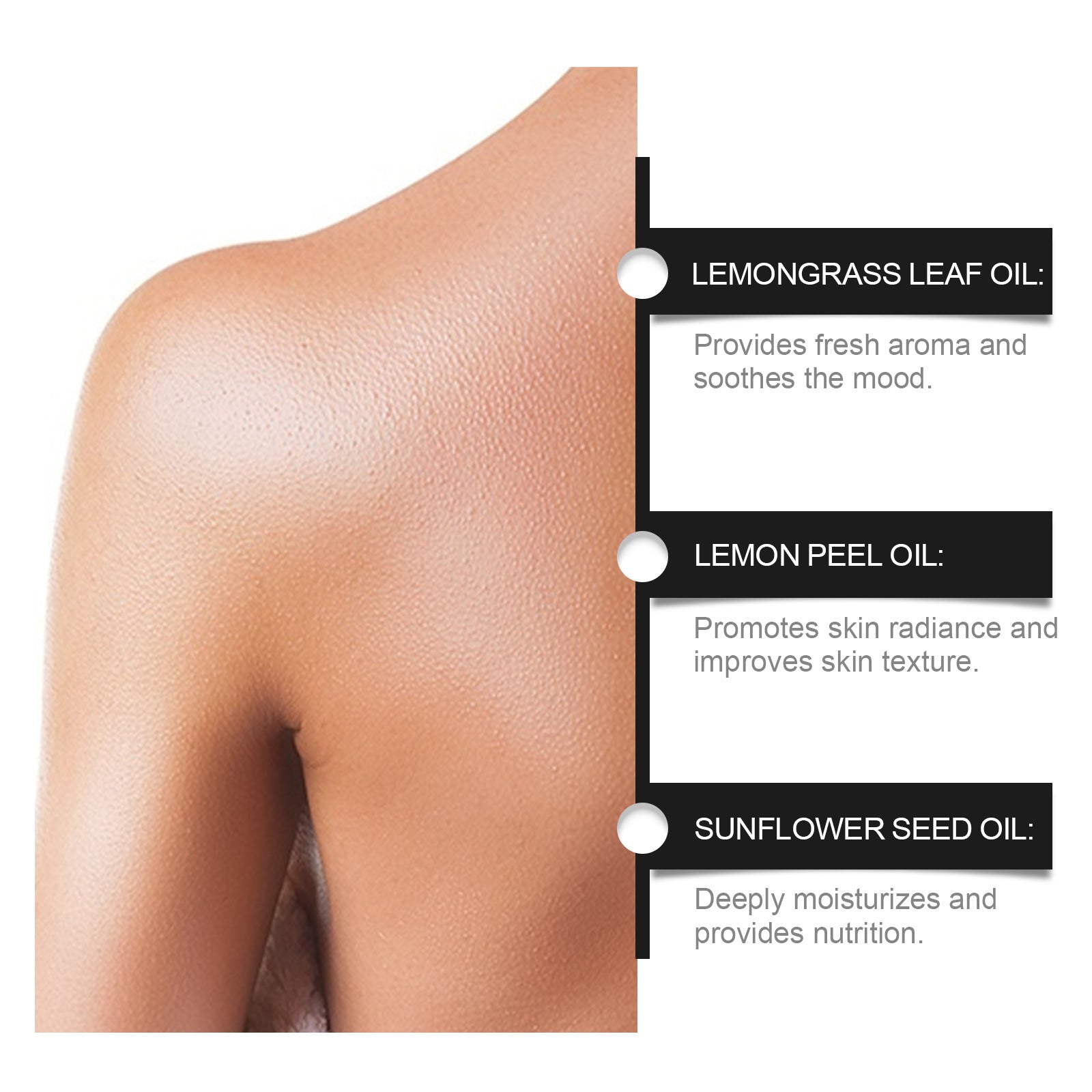 Close-up of smooth shoulder skin with benefits of deep moisture body oil for women including lemongrass, lemon peel, and sunflower seed oils