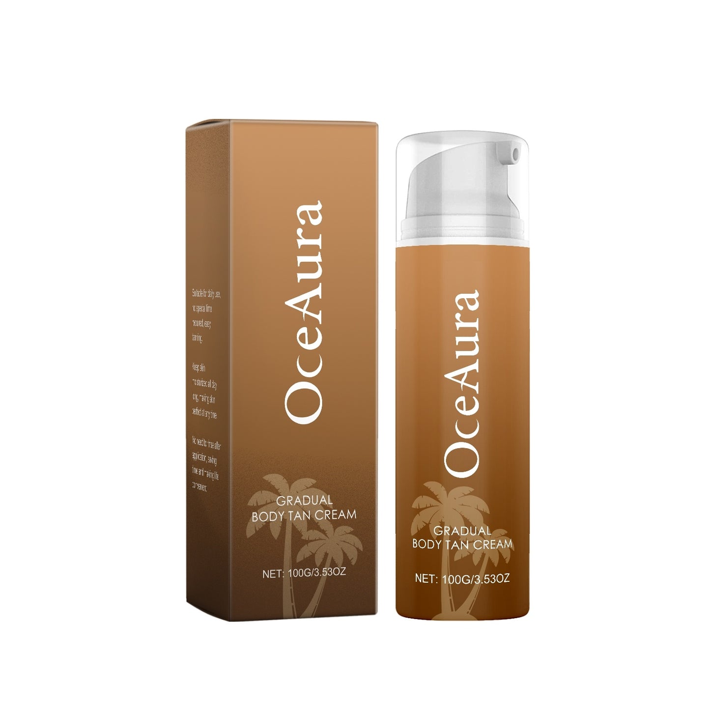 OceAura gradual natural body tanning cream bottle and box with 100g packaging