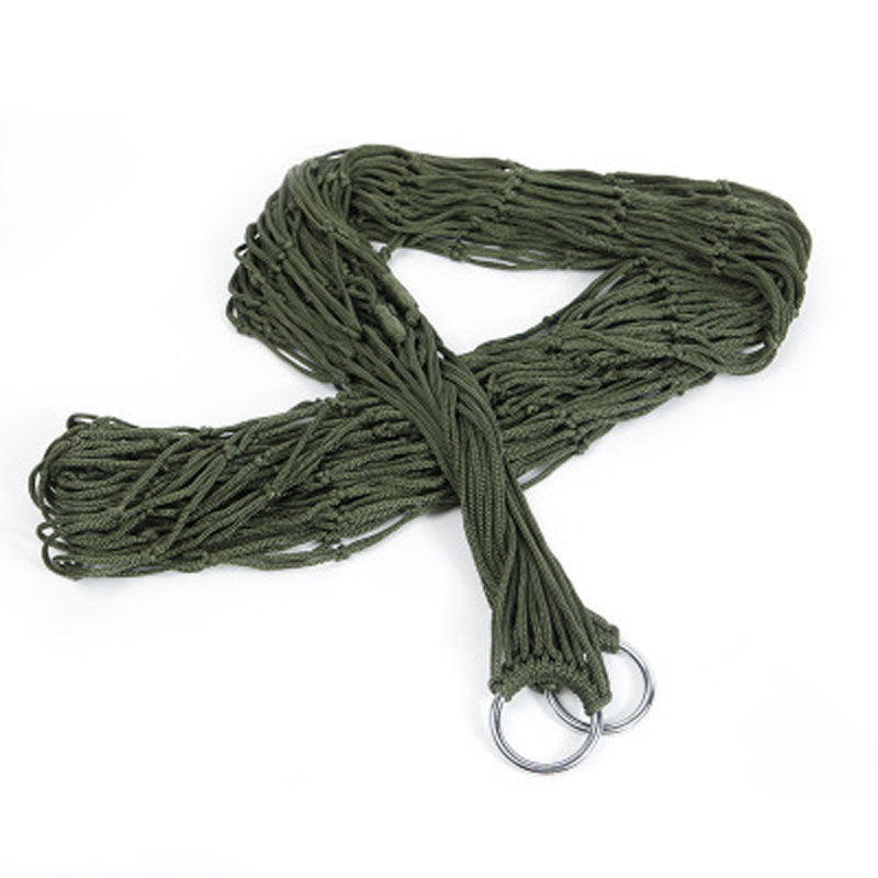 Green rope portable hammock swing with metal rings for easy hanging and outdoor relaxation