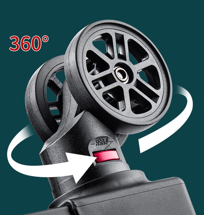 Close-up of swivel wheels on a portable makeup organizer with wheels showing 360 degree rotation