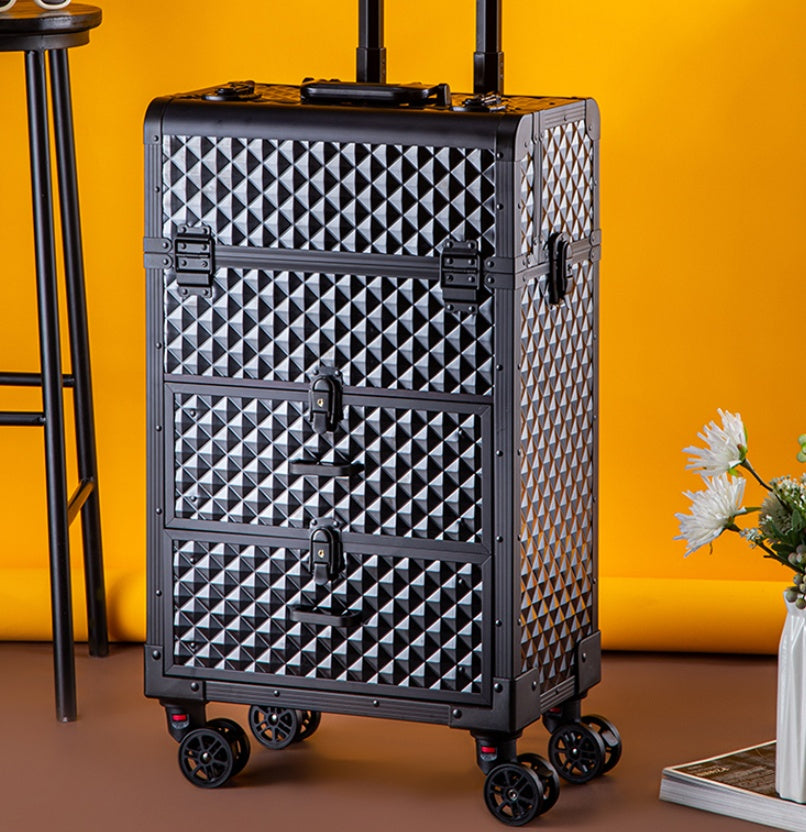 Sheila Merchandise portable makeup organizer with wheels in black diamond pattern and multiple compartments