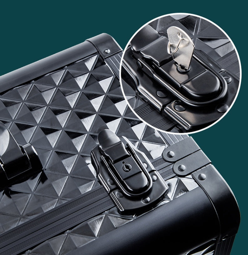 Black Sheila Merchandise makeup storage box with lock detail portable makeup organizer with wheels