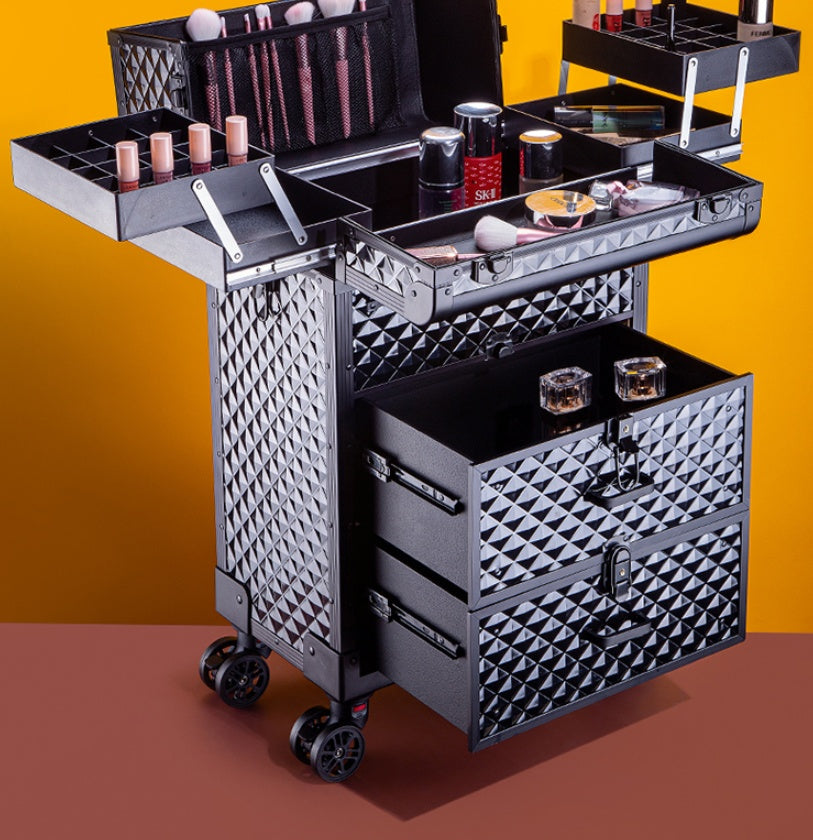 Sheila Merchandise black portable makeup organizer with wheels featuring multiple compartments and drawers