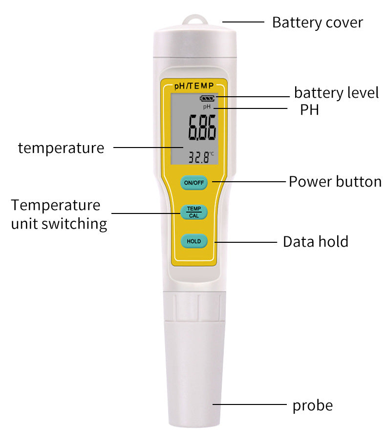 Sheila Merchandise portable pH testing device with digital display showing pH and temperature readings