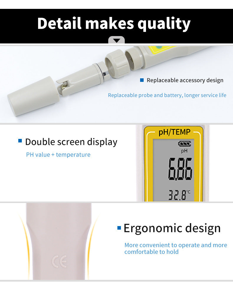 Sheila Merchandise portable pH testing device with replaceable accessory, double screen display, and ergonomic design