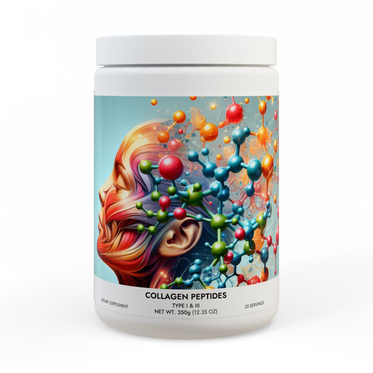 Premium collagen peptides powder container with vibrant design for skin and joint health