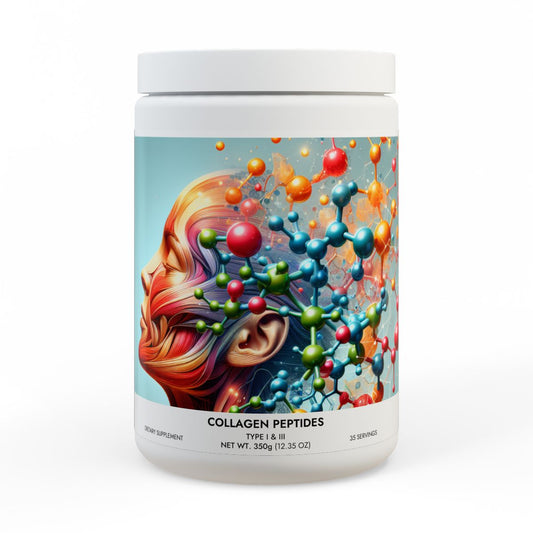 Premium collagen peptides supplement in a stylish container with a vibrant design for enhanced beauty support