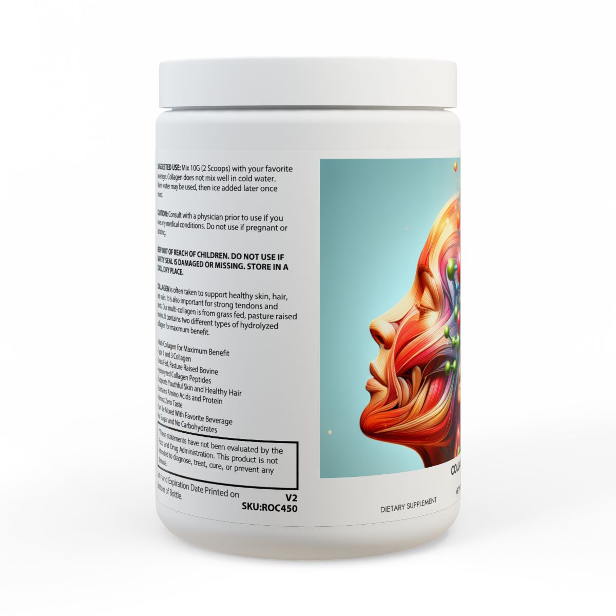 Premium collagen peptides dietary supplement with unique artwork for skin and hair health