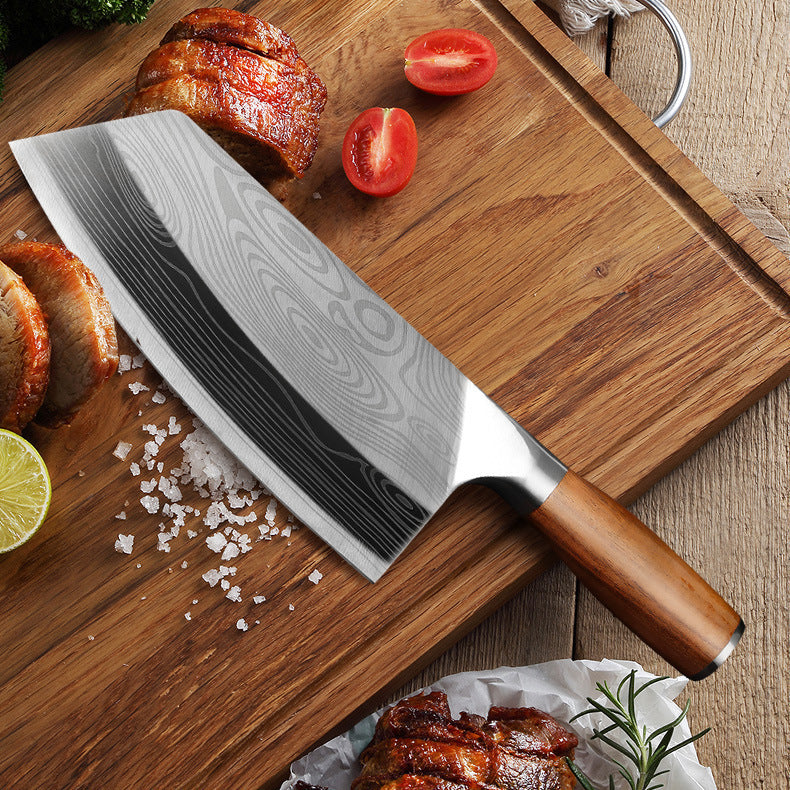 Sheila Merchandise premium stainless steel kitchen knife with wood handle on wooden cutting board