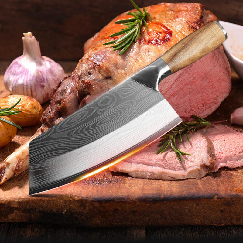 Sheila Merchandise premium stainless steel kitchen knife with wooden handle slicing cooked meat on cutting board