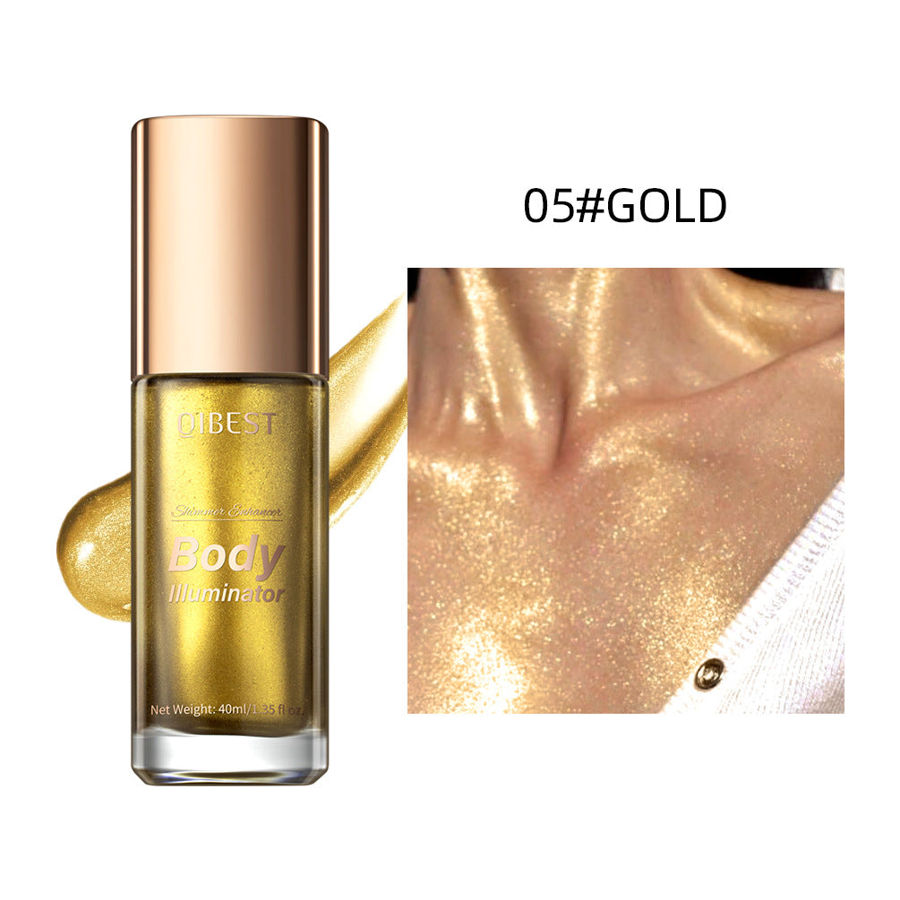 Gold illuminating body highlighter liquid bottle with a shimmer applied on skin