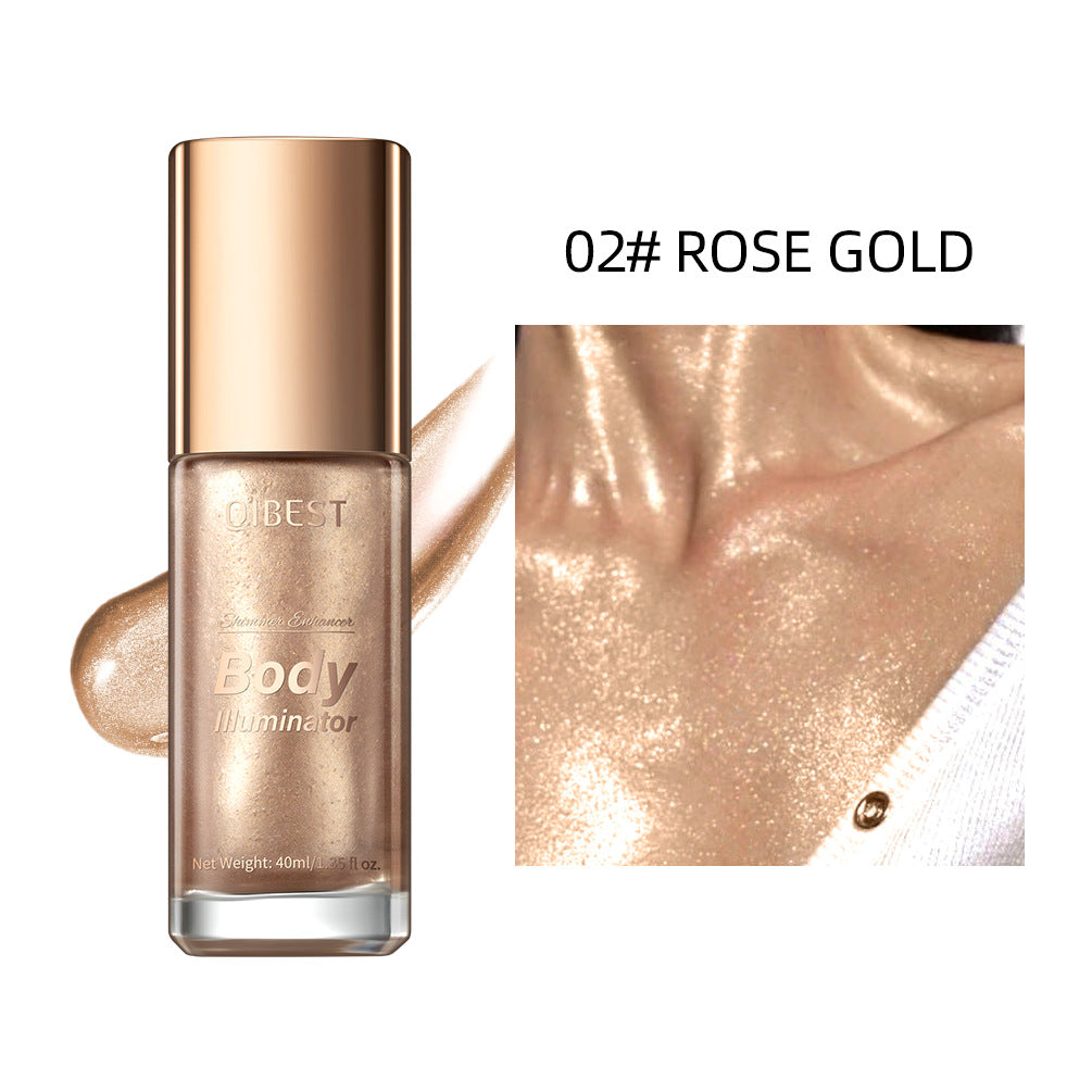 Rose gold illuminating body highlighter liquid in a sleek bottle with shimmer applied on skin