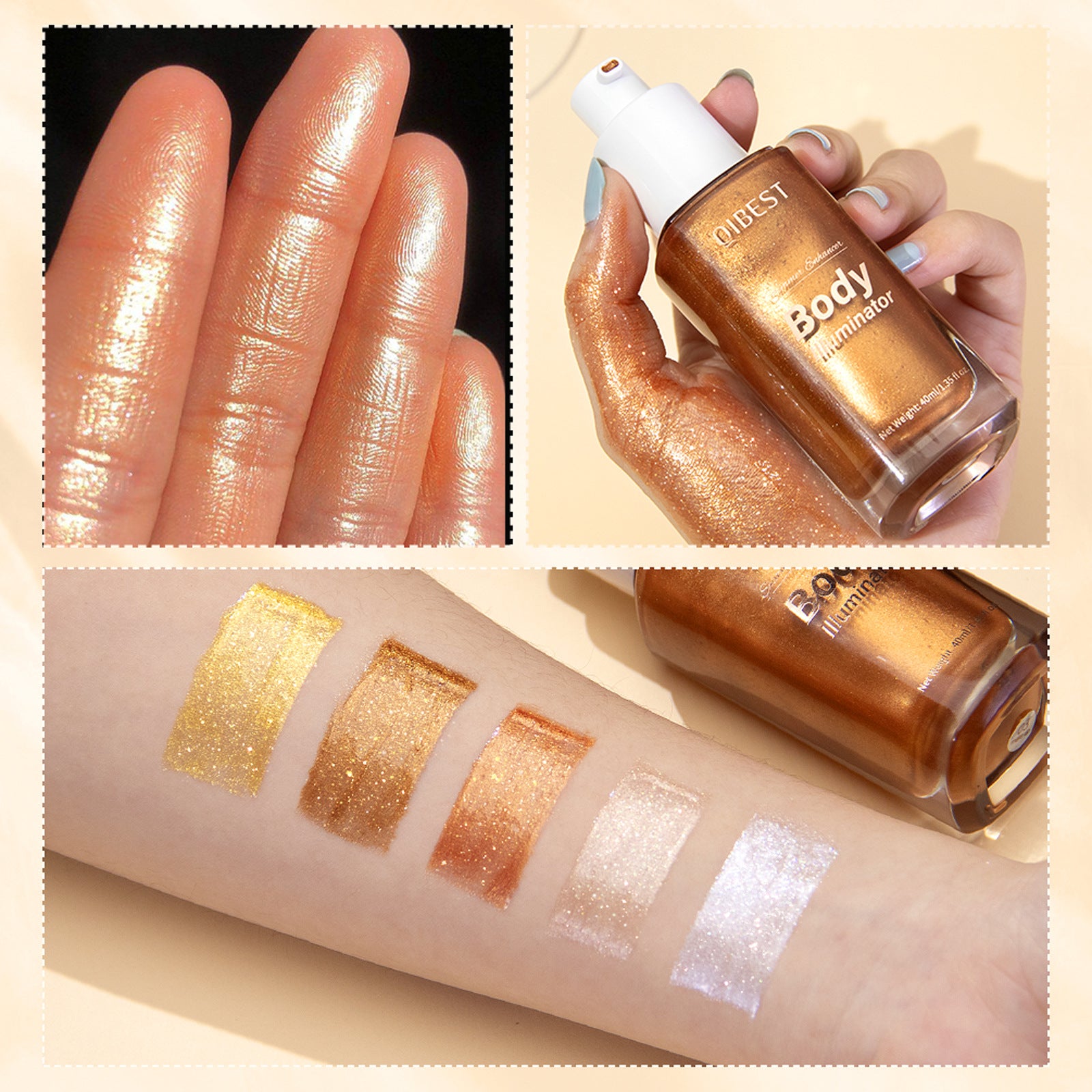Illuminating body highlighter swatches on arm and fingers showcasing golden and bronze shimmer shades