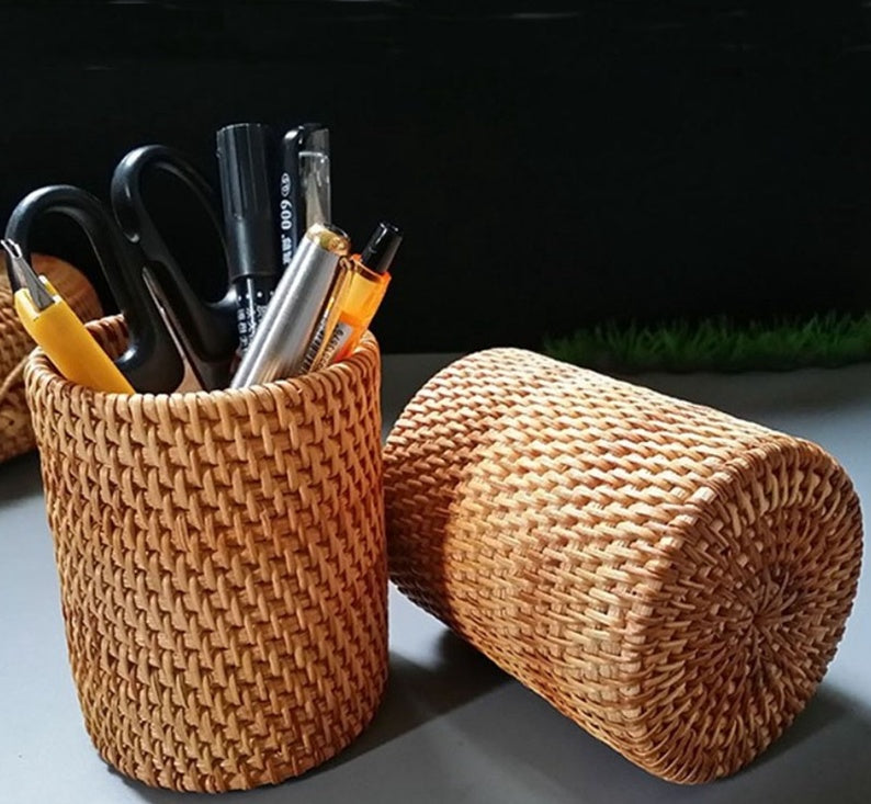 Sheila Merchandise woven storage box used as a home office storage solution for pens and scissors