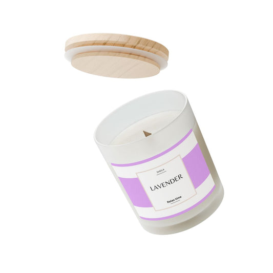 Relaxing lavender candle in a glass container with wooden lid, perfect for creating a calming atmosphere