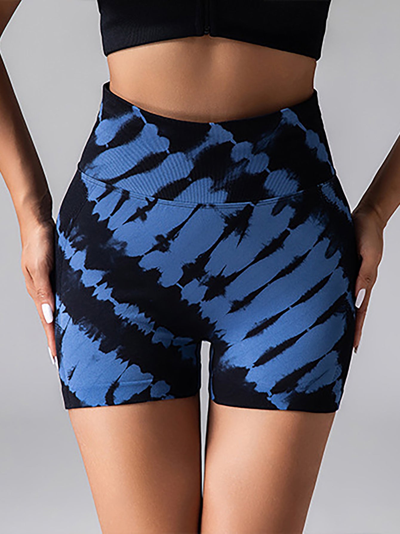 Sheila Merchandise tie dye V-back biker shorts in blue and black seamless high waisted yoga shorts