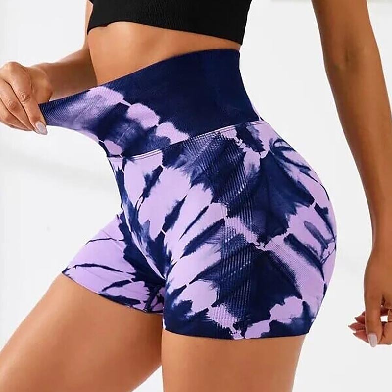 Sheila Merchandise tie dye V-back seamless high waisted yoga shorts in purple and navy blue