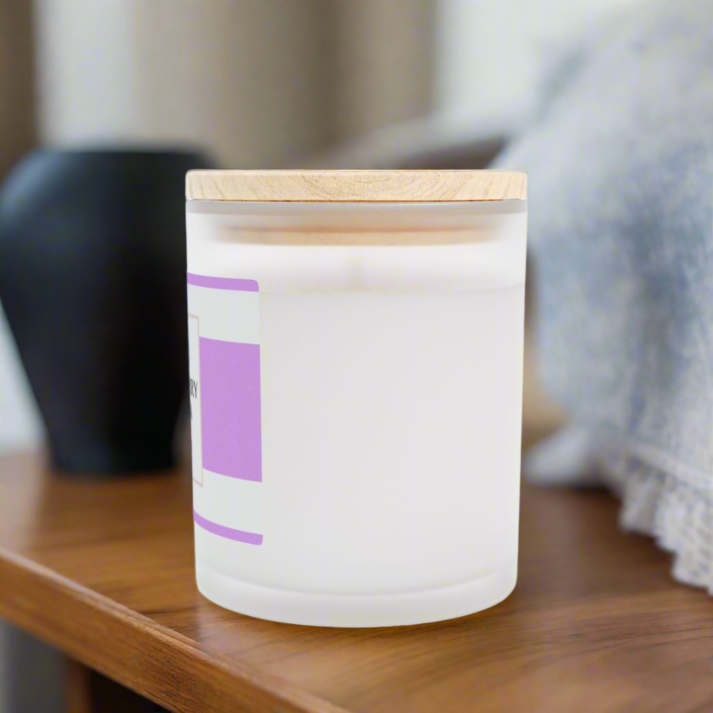 Frosted glass blackberry vanilla candle with wooden lid, perfect for home decor and aroma enhancement