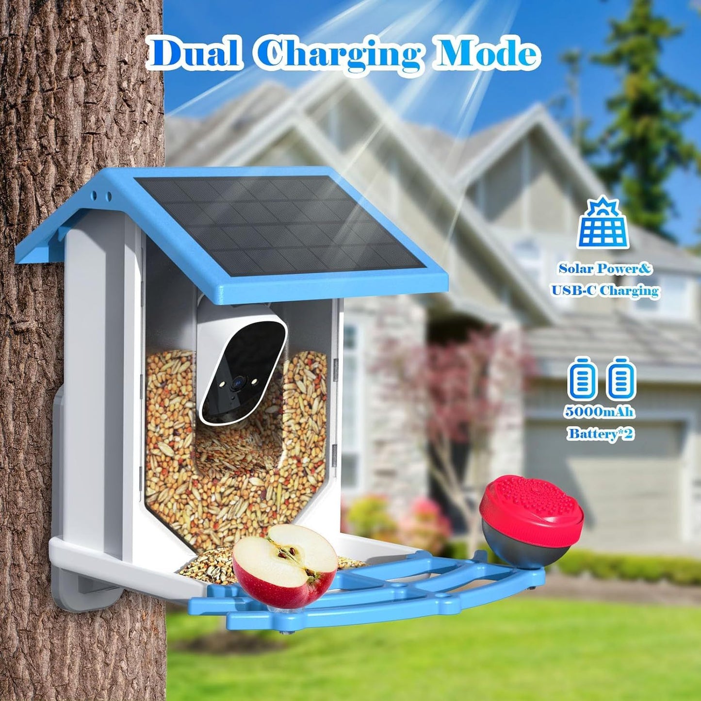 Smart solar bird feeder with dual charging mode and storage for birdseed and fruit slices