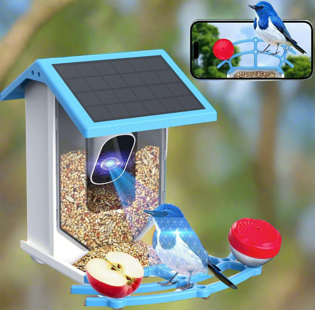 Smart solar bird feeder with a solar panel and feeding station for attracting various birds