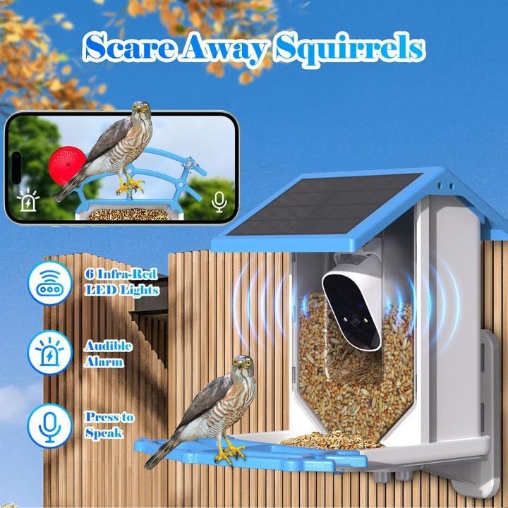 Smart solar bird feeder with infrared lights and audible alarm to deter squirrels