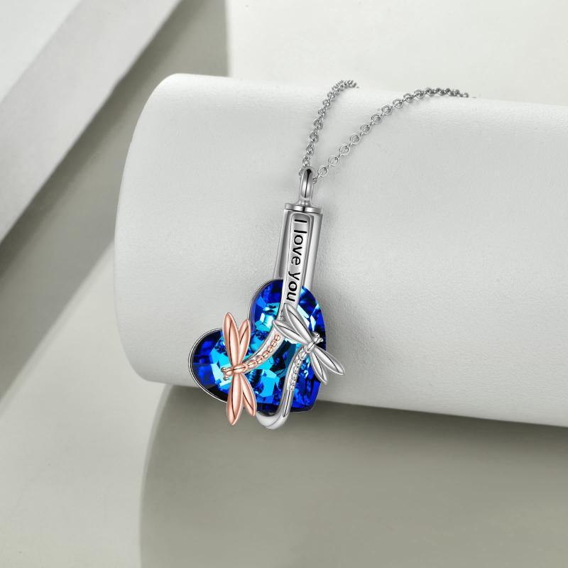 Sterling silver dragonfly urn necklace with blue crystal heart and dual dragonfly charms engraved with I love you