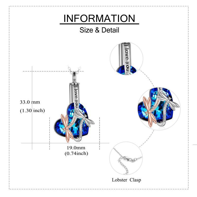 Sterling silver dragonfly urn necklace with blue crystal heart and lobster clasp detail