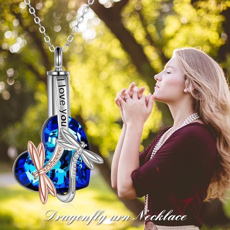 Sterling silver dragonfly urn necklace with blue crystal heart pendant engraved with I love you