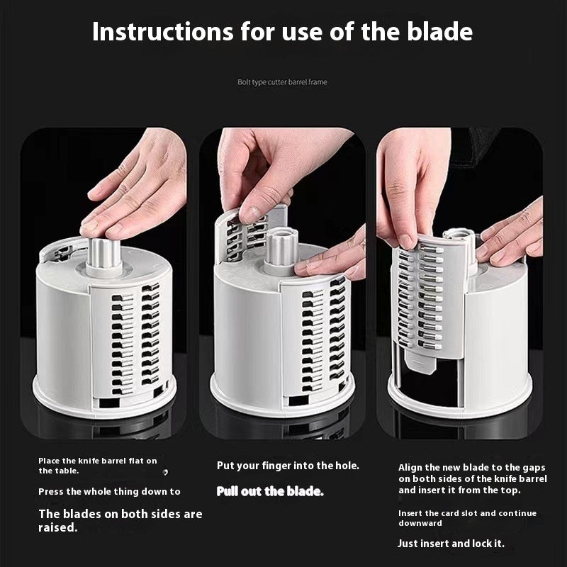 Instructions showing how to use the blade of a quick meal prep chopper with step-by-step hand placement