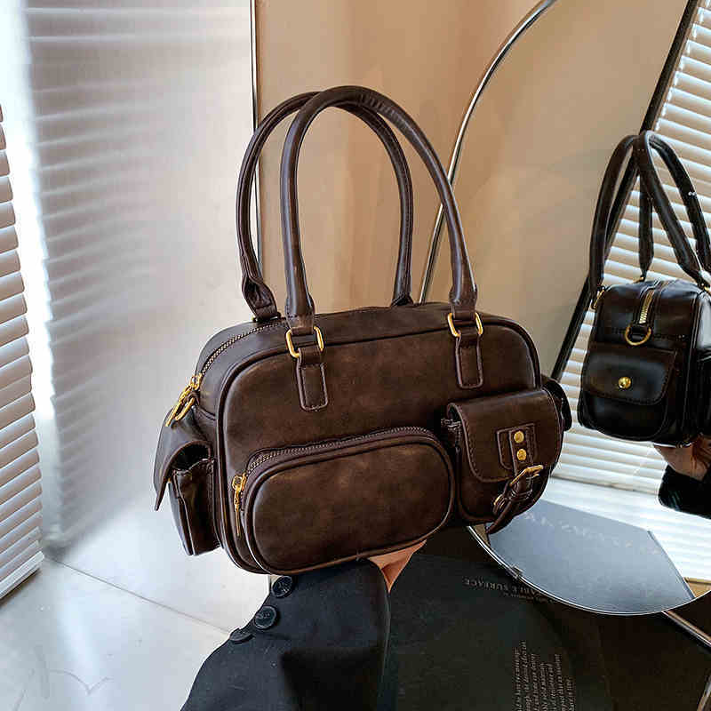 Women's shoulder underarm Boston bag in dark brown with multiple pockets by Sheila Merchandise stylish underarm purse