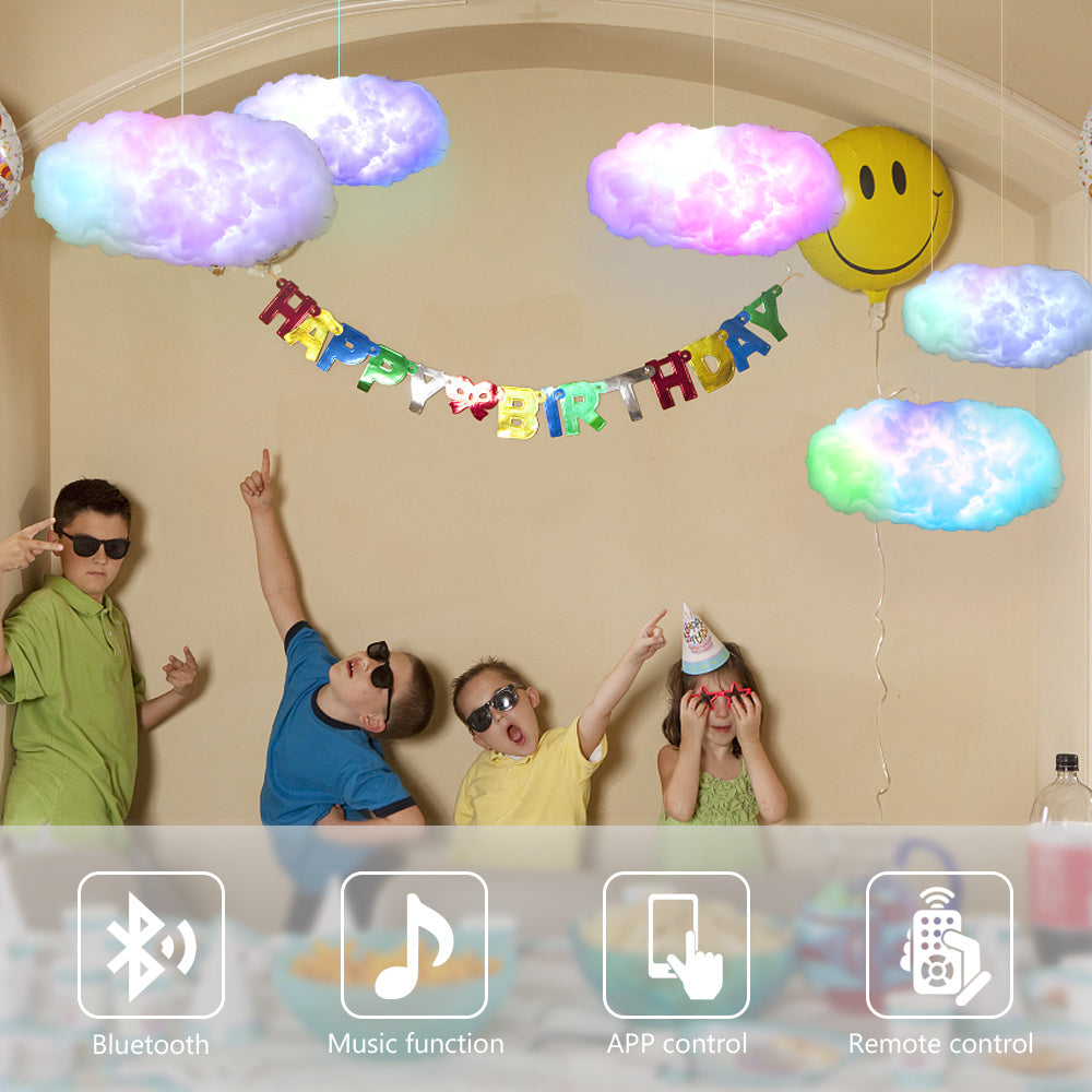 Colorful USB cloud light app control hanging lights glowing in purple blue and green over kids celebrating birthday