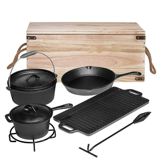 Sheila Merchandise cast iron oven camping set with skillet, Dutch ovens, grill pan, scraper, and wooden storage box