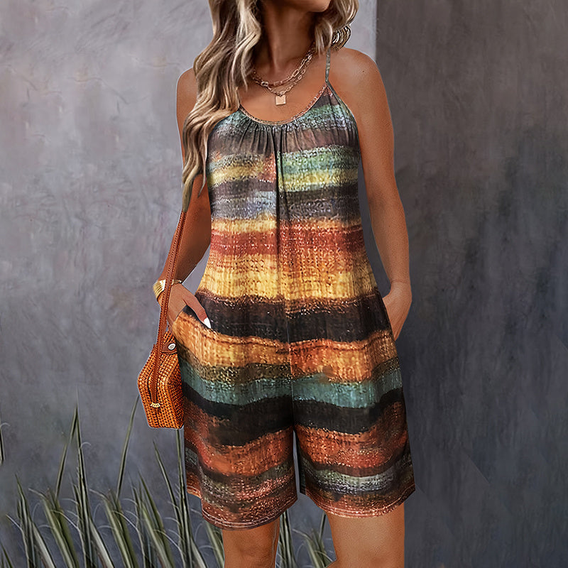 Colorful striped casual sleeveless jumpsuit for women with pockets and spaghetti straps